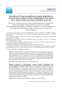 Isopoda: Bopyridae) in Macrobrachium Tenellum (Caridea: Palaemonidae) in the Ameca River, Jalisco, Mexico: Prevalence and Effects on Growth