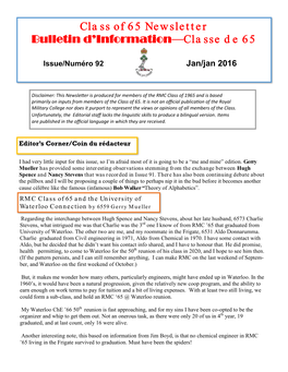 Class of 65 Newsletter Bulletin D'information—Classe De 65