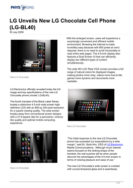 LG Unveils New LG Chocolate Cell Phone (LG-BL40) 30 July 2009