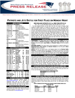 Patriots and Jets Battle for First Place on Monday Night