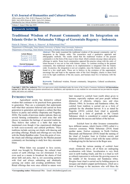 Traditional Wisdom of Peasant Community and Its Integration on Islamic Order in Molamahu Village of Gorontalo Regency - Indonesia