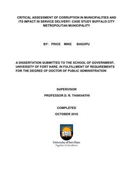 Critical Assessment of Corruption in Municipalities and Its Impact in Service Delivery: Case Study Buffalo City Metropolitan Municipality