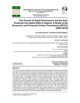 The Pursuit of Good Governance and the Anti- Financial Corruption Blitz in Nigeria: a Study of the Economic and Financial Crimes Commission (EFCC) (2003-2016)