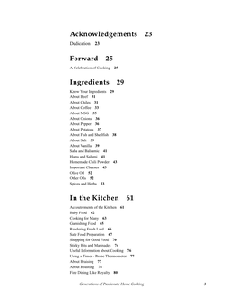 Acknowledgements 23 Forward 25 Ingredients 29 in the Kitchen 61