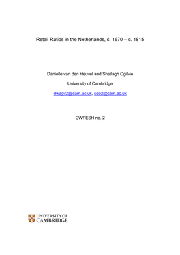 Retail Ratios in the Netherlands, C. 1670 – C