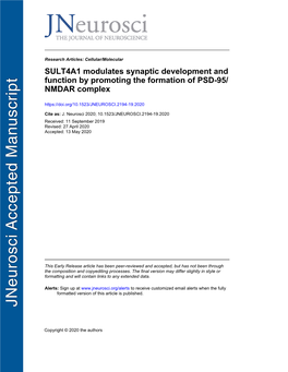 SULT4A1 Modulates Synaptic Development and Function by Promoting the Formation of PSD-95/NMDAR Complex