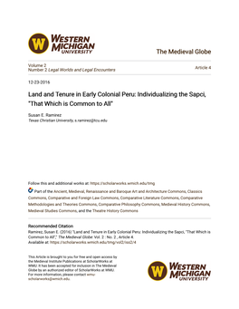 Land and Tenure in Early Colonial Peru: Individualizing the Sapci, "That Which Is Common to All"