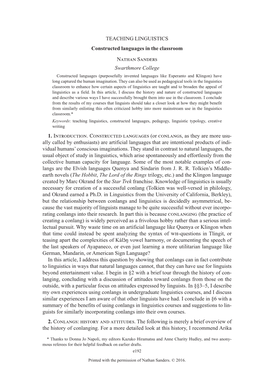 TEACHING LINGUISTICS Constructed Languages in the Classroom Nathan Sanders