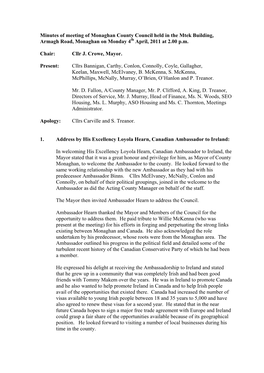 Minutes of Meeting of Monaghan County Council Held in the Mtek Building, Armagh Road, Monaghan on Monday 4Th April, 2011 at 2.00 P.M