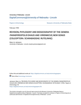 Revision, Phylogeny and Biogeography of the Genera Parabyrsopolis Ohaus and Viridimicus, New Genus (Coleoptera: Scarabaeidae: Rutelinae)