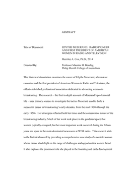 ABSTRACT Title of Document: EDYTHE MESERAND: RADIO PIONEER and FIRST PRESIDENT of AMERICAN WOMEN in RADIO and TELEVISION