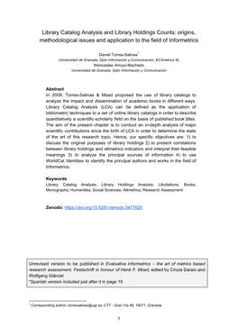 Library Catalog Analysis and Library Holdings Counts: Origins, Methodological Issues and Application to the Field of Informetrics