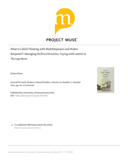 What Is Called Thinking with Shaxxxspeares and Walter Benjamin?: Managing De/Kon/Struction, Toying with Letters in the Lego Movie