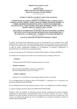 PREFET DU PAS-DE-CALAIS ------PREFECTURE DIRECTION DES AFFAIRES GENERALES Bureau Des Procédures D'utilité Publique