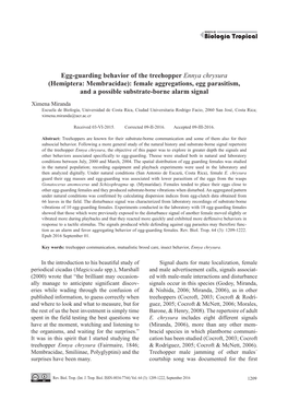 Egg-Guarding Behavior of the Treehopper Ennya Chrysura (Hemiptera: Membracidae): Female Aggregations, Egg Parasitism, and a Possible Substrate-Borne Alarm Signal