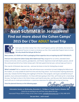 Next SUMMER in Jerusalem! Find out More About the Cohen Camps’ 2015 Dor L’Dor ADULT Israel Trip