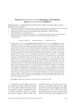 Pastas De Rhodomonas Salina (Cryptophyta) Como Alimento Para Brachionus Plicatilis (Rotifera)