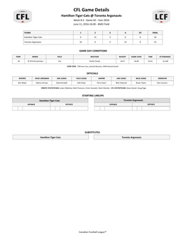 CFL Game Details Hamilton Tiger-Cats @ Toronto Argonauts Week #-2 - Game #2 - Year 2016 June 11, 2016-16:00 - BMO Field