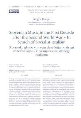 Slovenian Music in the First Decade After the Second World