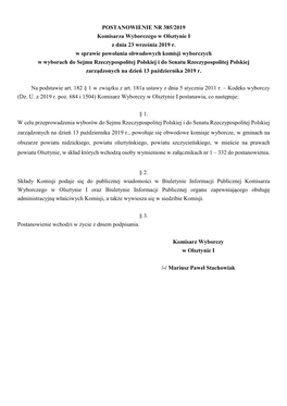 POSTANOWIENIE NR 385/2019 Komisarza Wyborczego W Olsztynie I Z Dnia 23 Września 2019 R