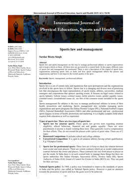 Sports Law and Management IJPESH 2019; 6(1): 94-96 © 2019 IJPESH Sardar Boota Singh Received: 19-11-2018 Accepted: 21-12-2018 Abstract