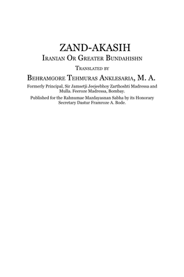 Zand-Akasih Iranian Or Greater Bundahishn