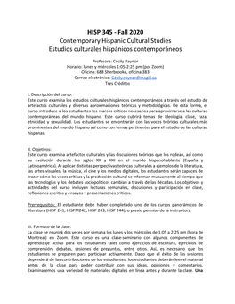 HISP 345 - Fall 2020 Contemporary Hispanic Cultural Studies Estudios Culturales Hispánicos Contemporáneos