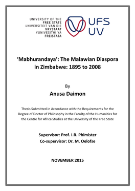 'Mabhurandaya': the Malawian Diaspora in Zimbabwe: 1895 to 2008 Anusa Daimon