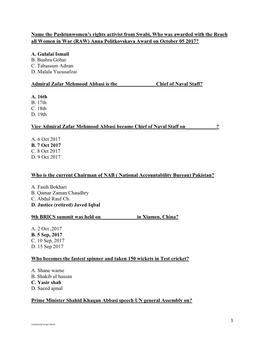 Name the Pashtunwomen's Rights Activist from Swabi, Who Was Awarded with the Reach All Women in War (RAW) Anna Politkovskaya A