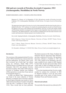 Old and New Records of Petrobius Brevistylis Carpenter, 1913 (Archaeognatha, Machilidae) in North Norway