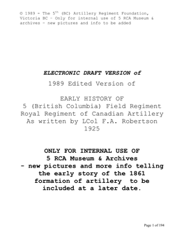 1989 Edited Version of EARLY HISTORY of 5 (British Columbia)