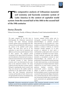 He Comparative Analysis of Lithuanian Manorial- Serf Economy and Hacienda Economic System of Latin America in the Context Of