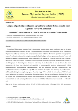 Origins of Pesticide Residues in Agricultural Soils in Biskra (South-East Algeria): Survey Vs