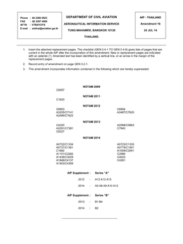 DEPARTMENT of CIVIL AVIATION AIP - THAILAND FAX : 66 2287 4060 AFTN : VTBAYOYX AERONAUTICAL INFORMATION SERVICE Amendment 16