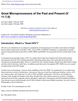 Great Microprocessors of the Past and Present Editor's Note: John's Remote Copy May Be More Up-To-Date