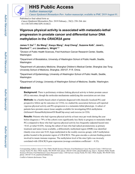 Vigorous Physical Activity Is Associated with Metastatic-Lethal Progression in Prostate Cancer and Differential Tumor DNA Methylation in the CRACR2A Gene