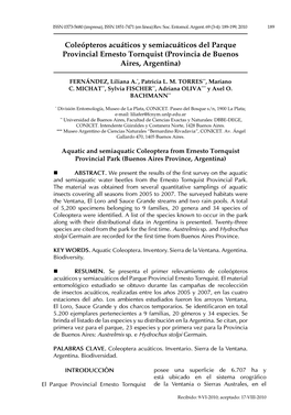 Coleópteros Acuáticos Y Semiacuáticos Del Parque Provincial Ernesto Tornquist (Provincia De Buenos Aires, Argentina)