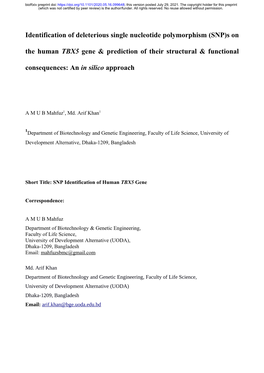 Identification of Deleterious Single Nucleotide Polymorphism (SNP)S on the Human TBX5 Gene & Prediction of Their Structural