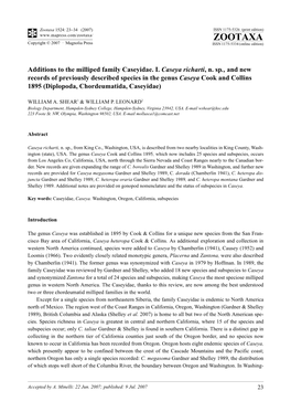 Zootaxa,Additions to the Milliped Family Caseyidae