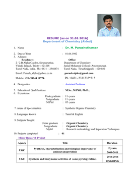 As on 31.01.2016) Department of Chemistry (Aided