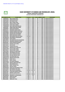 Kano University of Science and Technology, Wudil Central Admissions Committee 2014/2015 Provisional Admission List