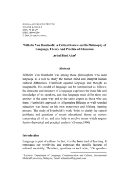 Wilhelm Von Humboldt: a Critical Review on His Philosophy of Language, Theory and Practice of Education