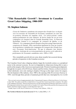 Investment in Canadian Great Lakes Shipping, 1900-19591 M. Stephen Salmon