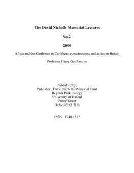 The David Nicholls Memorial Lectures No.2 2000