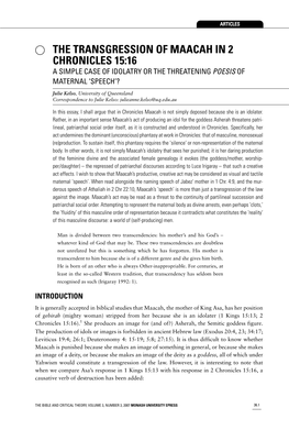 The Transgression of Maacah in 2 Chronicles 15:16 a Simple Case of Idolatry Or the Threatening Poesis of Maternal ‘Speech’?