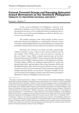 Current Terrorist Groups and Emerging Extremist Armed Movements in the Southern Philippines: THREATS to PHILIPPINE NATIONAL SECURITY *