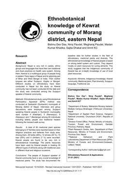 Ethnobotanical Knowledge of Kewrat Community of Morang District, Eastern Nepal Bishnu Dev Das, Niroj Paudel, Megharaj Paudel, Madan