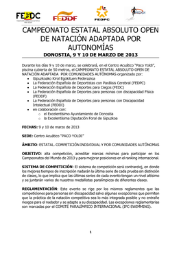 Campeonato Estatal Absoluto Open De Natación Adaptada Por Autonomías Donostia, 9 Y 10 De Marzo De 2013