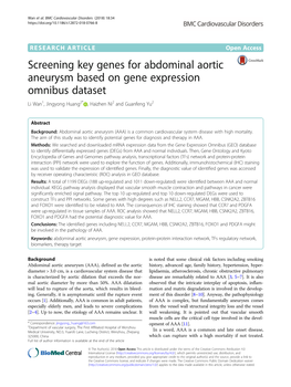 Screening Key Genes for Abdominal Aortic Aneurysm Based on Gene Expression Omnibus Dataset Li Wan1, Jingyong Huang2* , Haizhen Ni2 and Guanfeng Yu2