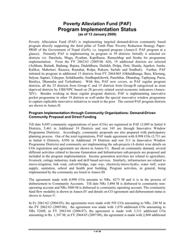 Program Implementation Status (As of 13 January 2009)